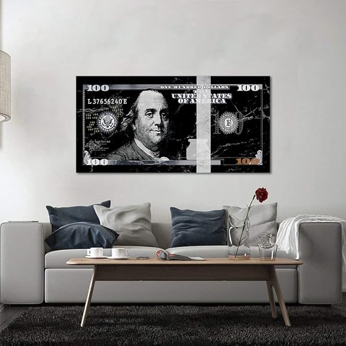 Modern Home Office Artwork Motivational Framed Benjamin Franklin 100 USD Dollar Artwork Black and White Nordic Western Paintings for Living Room Bedroom Wall Decor Wooden Framed Easy to Hang-40"Wx20"H