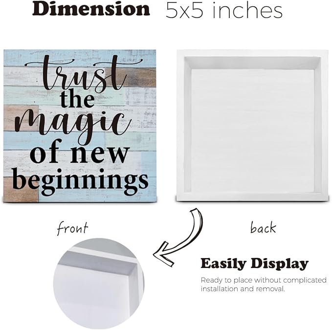 Trust the Magic of New Beginnings Wooden Box Sign Desk Decor, Inspirational Quote Wood Box Sign for Home Office Shelf Table Decoration 5 X 5 Inch