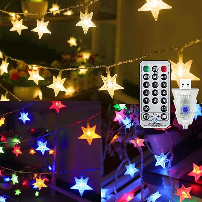 Solhice 40ft Star String Lights for Bedroom 120 LEDs, Warm White & Multicolor Color Changing Indoor Twinkle Lights with Remote, USB Powered Kids Room Hanging Lights for Dorm Tent Decor