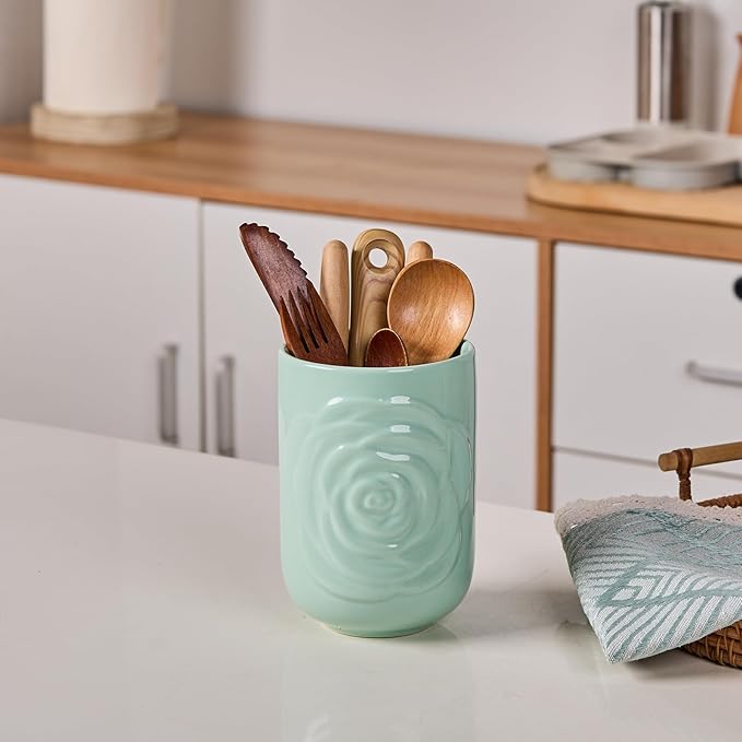 Light Green Ceramic Utensil Holder Set of 2 - Rose Carved Design, Kitchen Countertop Utensil Organizer for Spatula, Spoon & Cooking Tools, Large (7.5") & Small (5.5"), Farmhouse Kitchen Counter Decor