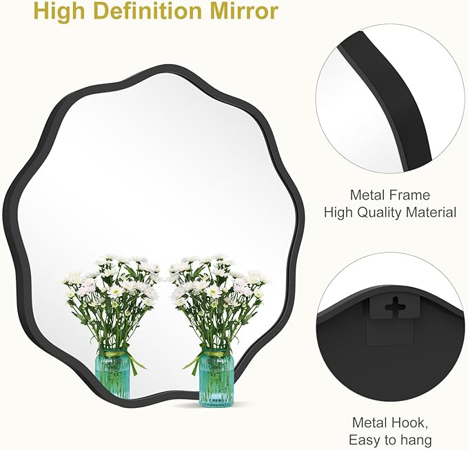 WallBeyond Round Wavy Mirror for Wall Decorative 20 inch, Modern Round Mirror Aluminum Frame for Bathroom Bedroom Living Room Home House Office Entryway, Black