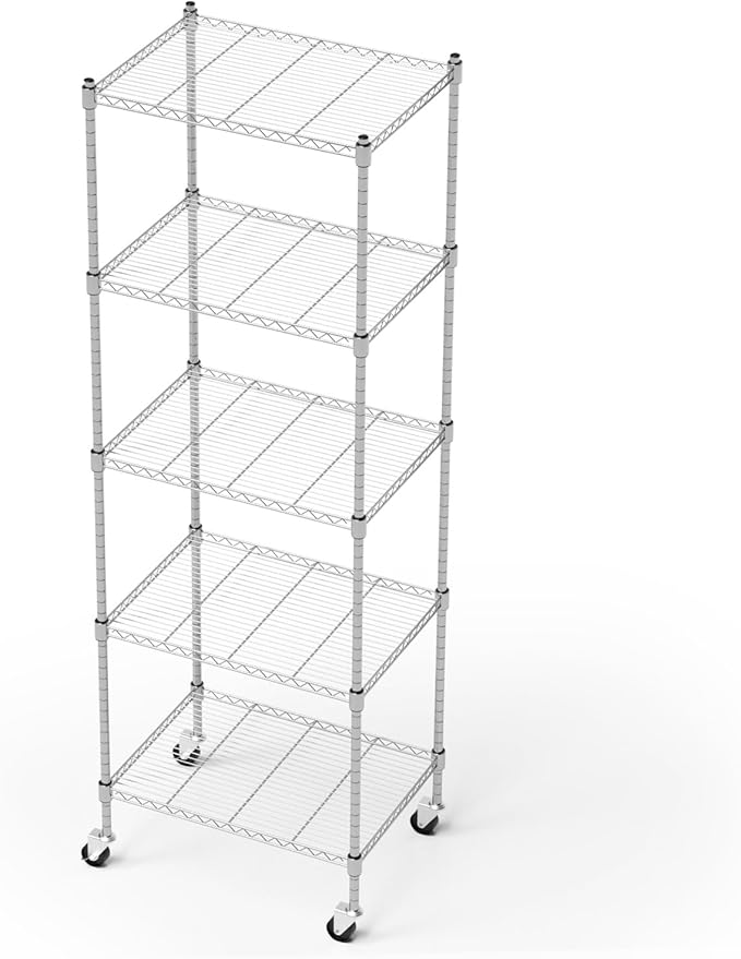 Garage Shelving with Wheels, 5 Tier Shelving Unit and Adjustable Feet, 865 lb High Capacity Rolling Storage Shelf for Kitchen, Office, Dining Room, Garage(23.6"x 17.7"x 72"), Chrome