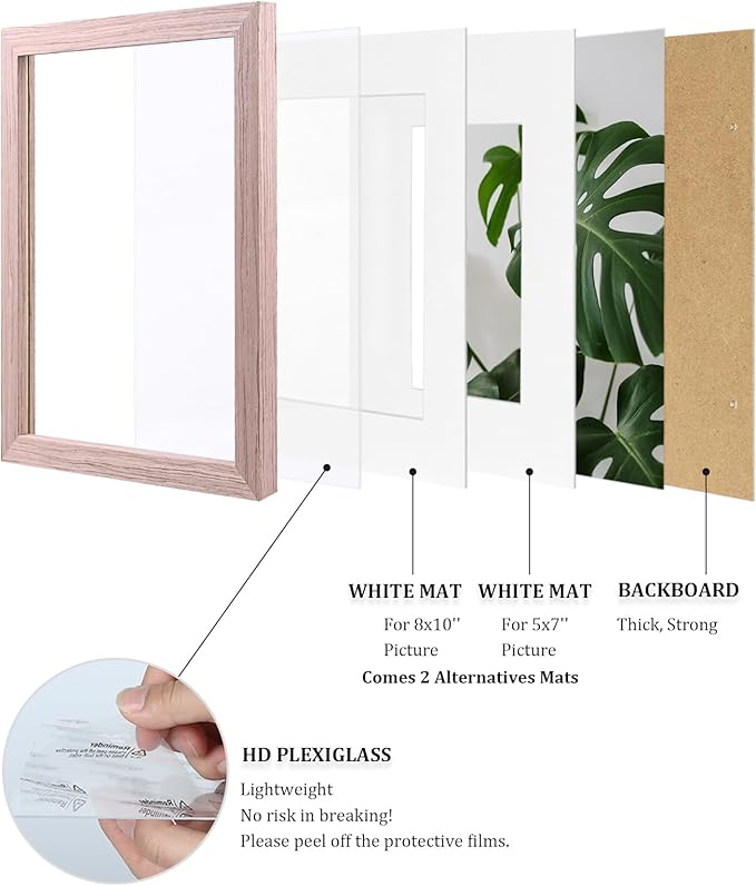 Egofine 11x14 Picture Frames Set of 4, Made of Solid Wood Covered by Plexiglass 5x7 and 8x10 with Mat or 11x14 without Mat, for Table Top Display and Wall Mounting Photo Frame Peach Pink