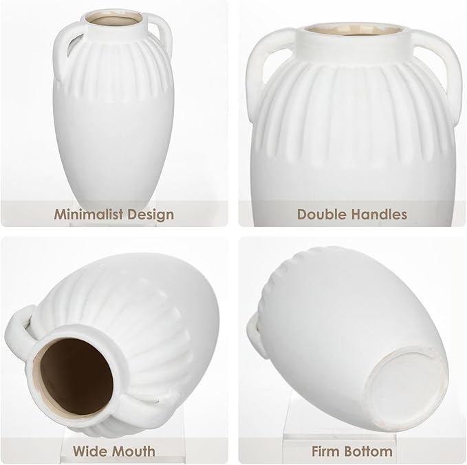 Ceramic Rustic Farmhouse Vase, 9 inch Pottery White Flower Vase with 2 Handles for Centerpieces Pampas Grass Boho Modern Rustic Farmhouse Decor for Living Room Kitchen Countertop Dinner Table Shelves