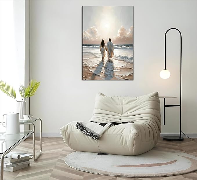 Jesus and Woman Walking on Water Canvas Wall Art Religious Coastal Wall decor pictures Christian Painting poster prints for living room bedroom Home Decoration Ready to hang (16inx24in Canvas)