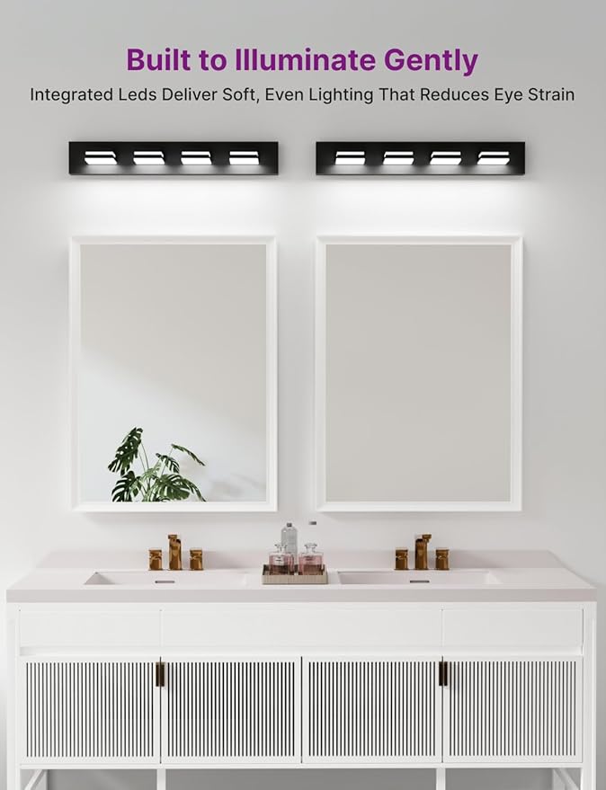 Modern Bathroom Light Fixture Over Mirror, 29" 4-Light Bathroom Vanity Light with Rotatable Heads, Dimmable 5000K Daylight, Hardwired, Energy-Efficient LED Vanity Lighting Fixture, Black