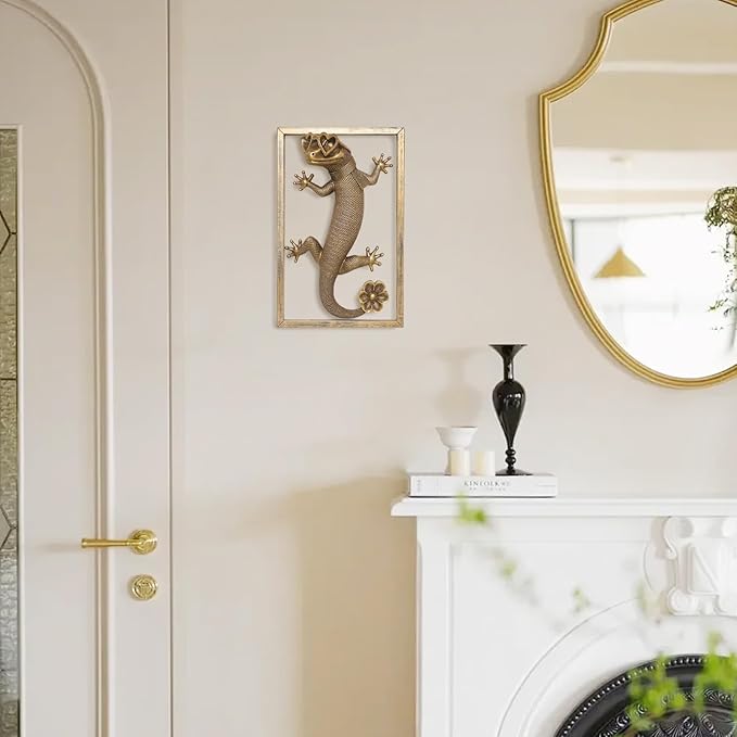 Animal Heads Wall Decor (Includes Metal Frame) Resin Animals Sculptures Head Wall Hanging Decoration Gold vintage Wall Sculpture for Living Room Bedroom Office(Lizard)