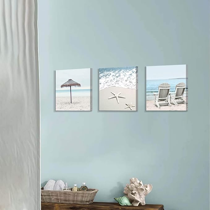 Beach Theme Canvas Wall Art: Sun Umbrella Starfish & Beach Chair on Sand Artwork Painting Print for Bedroom Office (12'' x 12'' x 3 Panels)