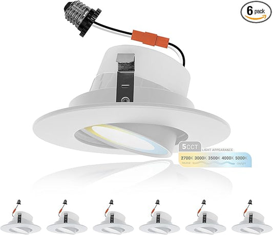 NUWATT Retrofit 4 Inch Gimbal LED Recessed Light White Trim, High Lumen, 750lm, 10W, 5CCT Selectable 2700K/3000K/3500K/4000K/5000K, Adjustable Lens Dimmable Eyeball Lights, ETL Listed, 6 Pack