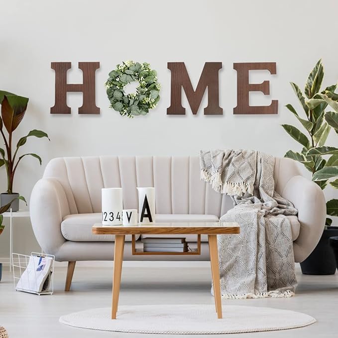 Wooden Home Sign Wall Hanging Decor - Wood Home Letters for Wall Art with Artificial Eucalyptus Wreath Rustic Home Decor Farmhouse, Wall Decor for Living Room Kitchen Housewarming Gift (Brown)