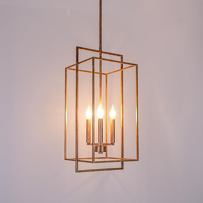 Antique Bronze Chandelier Lighting Fixture with Geometric Metal Cage, Retro Inspired 4-Light Industrial Pendant for Kitchen Island, Living Dining Room, Home Office Stairwell