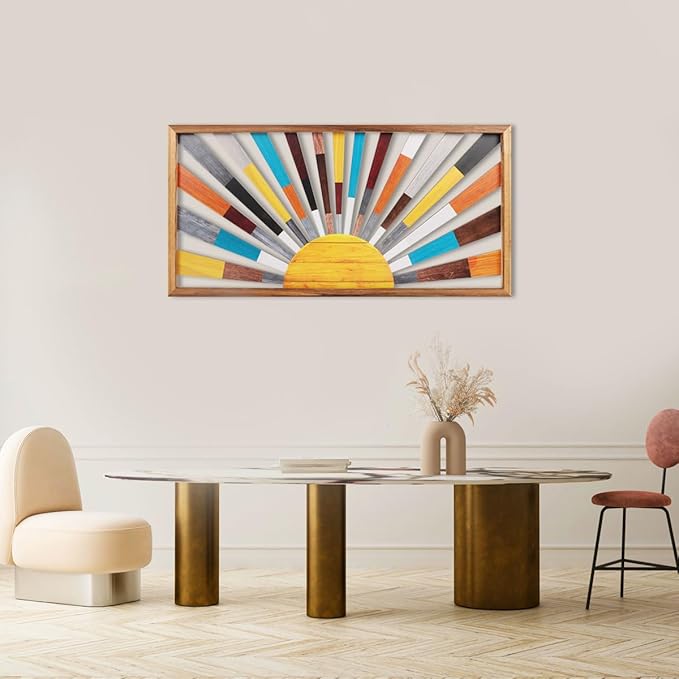 IARTTOP Large Boho Sun Wall Art Framed Wooden Art Wall Decor Rainbow Sun Rising On The Horizon Geometric Line Sunshine Wall Art for Living Room Bedroom Office 16"x32"
