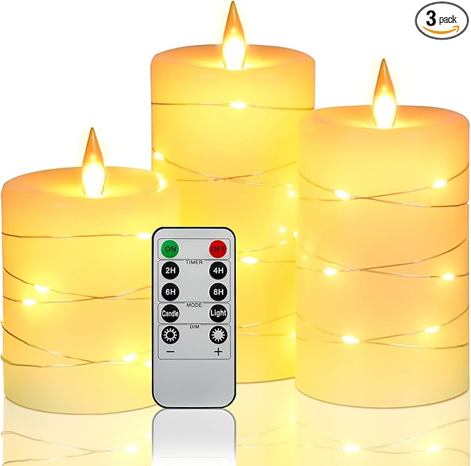 Da by Flameless Candles with String Lights, Battery Operated Candles with Remote and Timer, LED Pillar Candle Real Wax,3 Pack-Ivory White