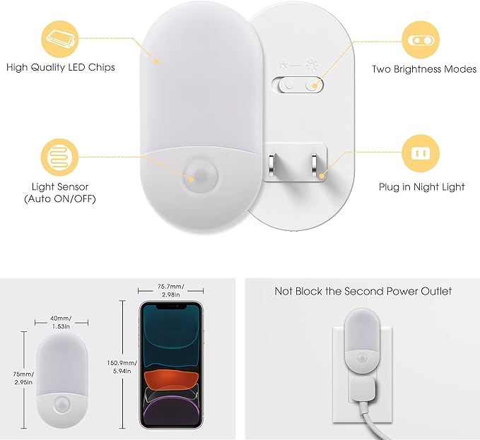 L LOHAS LED Night Lights Plug into Wall, [2 Pack] LED Dimmable Night Light with Light Sensors, 30/60LM Adjustable Brightness Nightlights, Soft White 3000K Automatic Night Light for Kid, Hallway