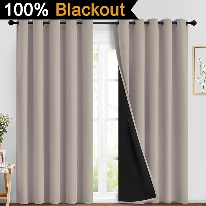 Yakamok 100% Blackout Curtains 84 Inches Long, 2 Thick Layers Heat and Full Light Blocking Soft Thermal Insulated Drapes for Bedroom(70" Wide Each Panel, Natural, 2 Panels)