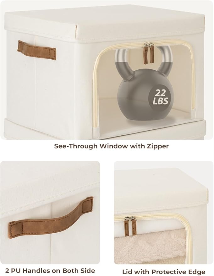 StorageWorks Storage Bins with Lids, Decorative Boxes with Clear Window for Clothes, Fabric Collapsible Baskets for Closet Organization, Medium, Beige, 3 Packs