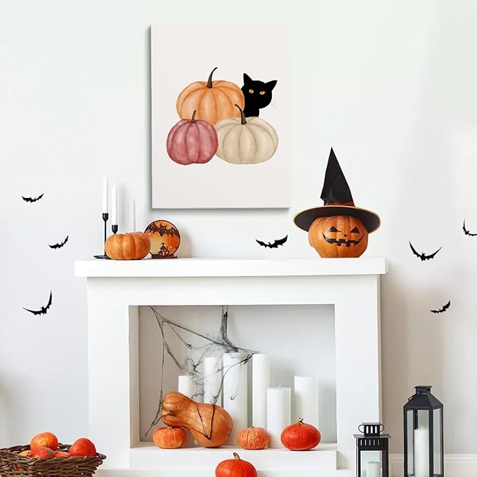 Generic Framed Autumn Canvas Print Wall Art Cat Halloween Print posters Halloween Poster Fall Wall Decor Rustic Home Wall Decoration 24x36 framed