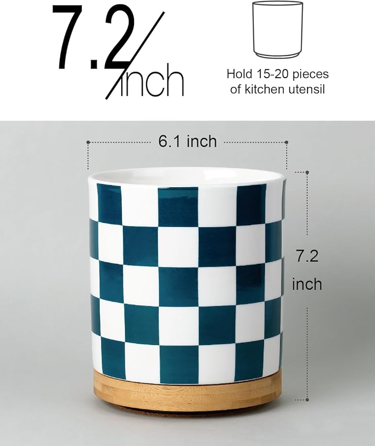 LoeJan 3 Compartment Utensil Holder, Extra Large Utensil Crock, Stable Ceramic Utensil Organizer, Cooking Tool Organizer Set for Kitchen Counter Farmhouse Decor (J-Deep Green(Square))