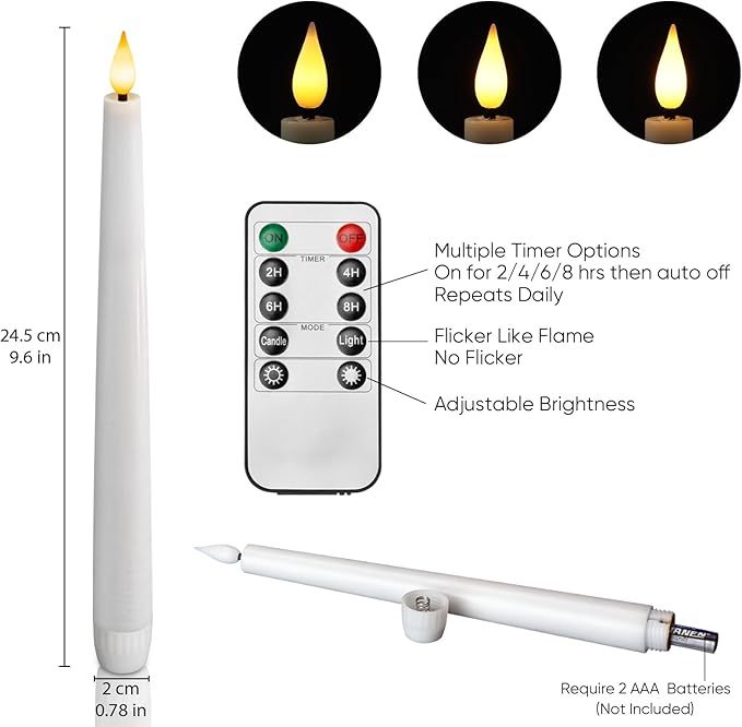 Homemory Flameless Taper Candle Set, 6 Pcs Waxy Led Candlesticks, Flickering Battery Operated, White, 9.6 inches