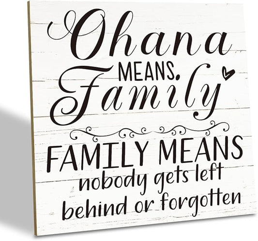 Family Wooden Plaque, “Family Means Nobody Gets Left Behind or Forgotten”, 6.2x6.2 Inch Table Art Sign, Farmhouse Quote Decor for Living Room or Home Tabletop D