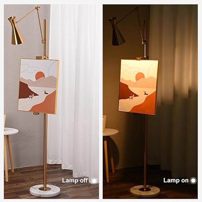 Metal Floor Lamp with Easel, Adjustable 360° Swing-Arm Standing Lamps, 67in Tall Lamp with Marble Base for Living Room, Painting Rooms, Bedroom, Offices, Courtyards, Gold