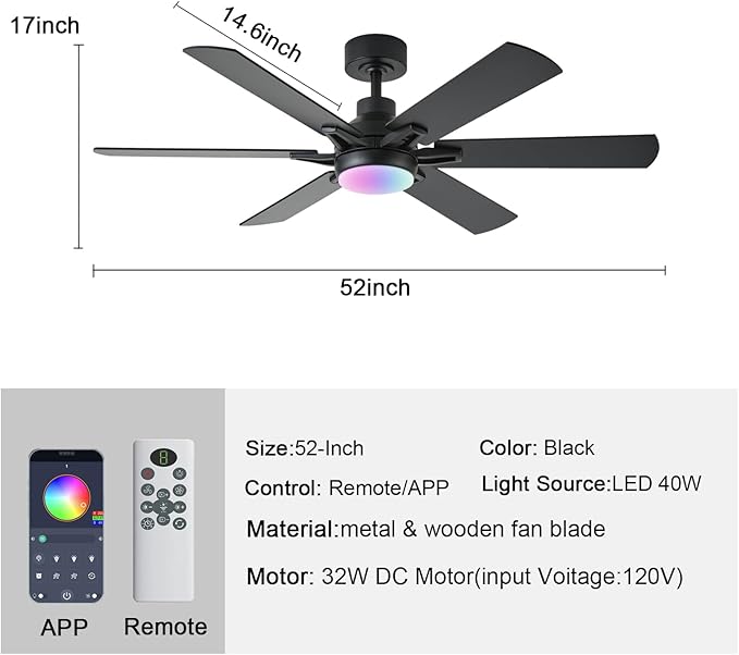 52in Ceiling Fans with Lights RGB Ceiling Fan with Light and Remote/APP Control,Low Profile Ceiling Fans with Lights for Bedroom,Living Room,Kids Room,3CCT Dimmable Modern Ceiling Fan, 8 Speeds,Black