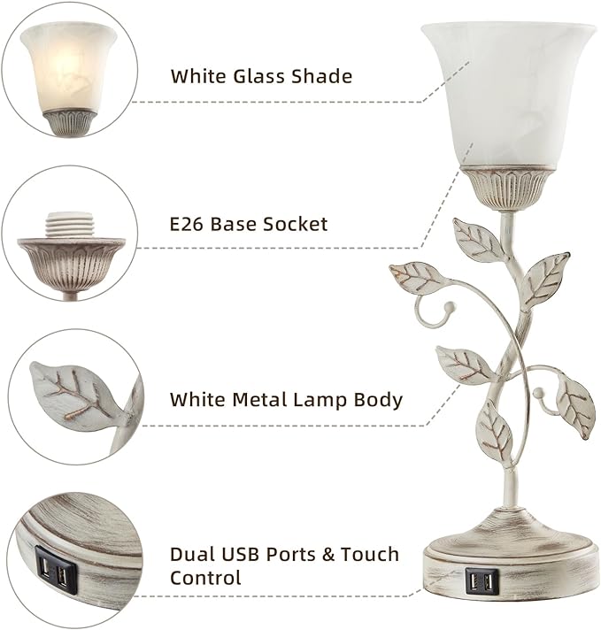 RORIANO Rustic Touch Table Lamp for Bedroom, 3-Way Dimmable Nightstand Lamp with 2 USB Ports, Retro Vintage White Glass Shade Leaf Desk Lamp for Living Room Entryway, LED Bulb Included