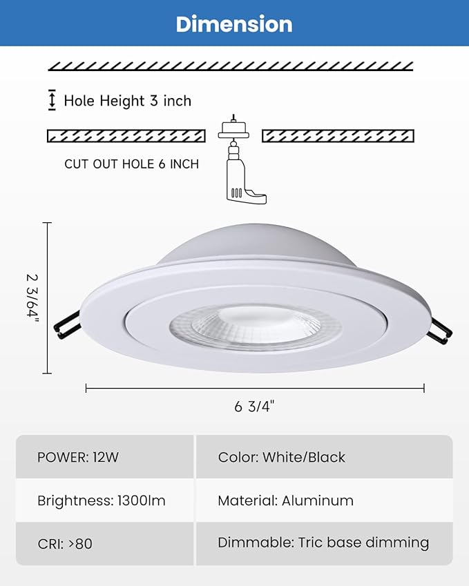 6-Inch Gimbal Recessed Light - 12W 90° Tilt & 360° Rotation, 1300lm, 5CCT (2700K-5000K), IC Rated LED Eyeball Recessed Lighting, for Sloped Ceilings, Soffit Light, Hallyway，Kitchens, White 6 Pack