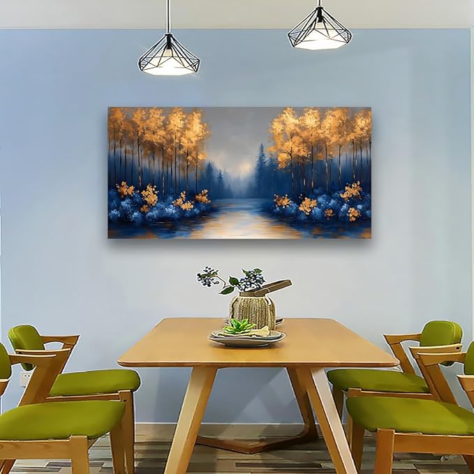 Abstract Scenery Pictures Canvas Wall Art for Living Room Office Bedroom Wall Decor,Blue Forest Golden Tree Wall Art Print Paintings Modern Landscapes Artwork Waterproof Ready to Hang-20x40inch