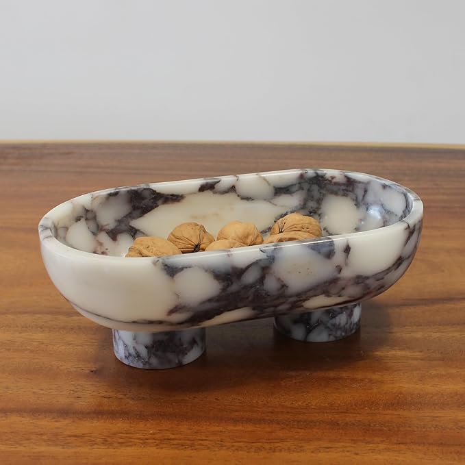 Natural Oval Calacatta Viola Marble Fruit Bowl for Kitchen Counter 10", Large Decorative Bowl Two-Legs for Home Decor, Fruits Holder For Dining Table - Kitchen Organization