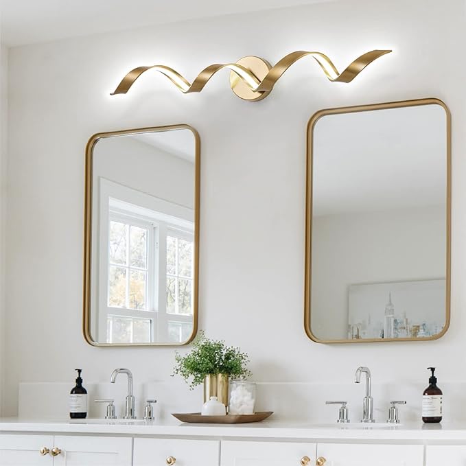 Dimmable Modern LED Bathroom Vanity Light 32 inch, 20W Spiral Design Gold Wall Light Fixtures for Bathroom, Living Room and Hallway, 6000K White Light