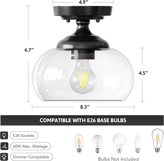 VONLUCE Industrial Semi Flush Mount Ceiling Light, 8.3" Ceiling Light Fixture with Clear Glass Shade, Farmhouse Lighting for Hallway Kitchen Bedroom Entryway, Matte Black Flush Mount Light Fixture
