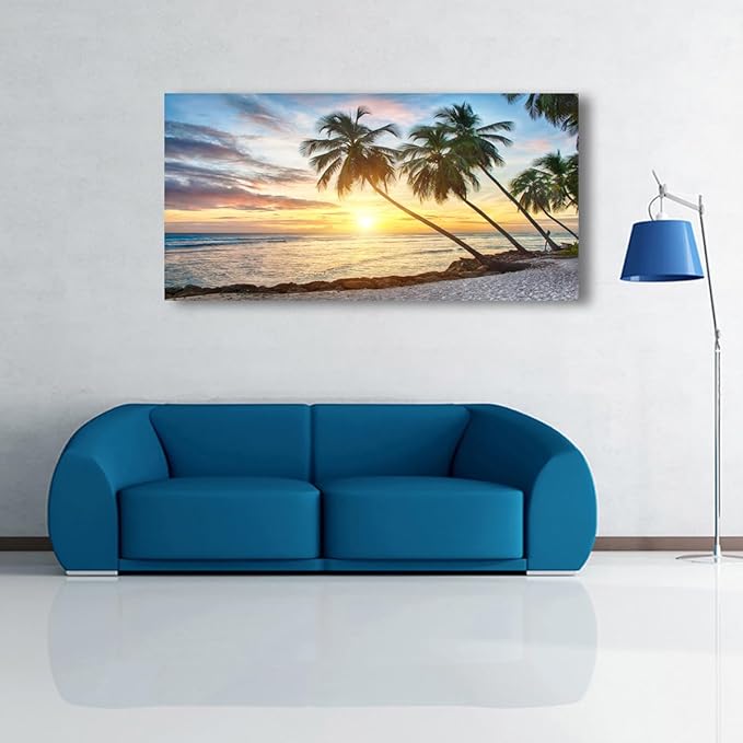 Beach Pictures Canvas Wall Art for Living room Bedroom Wall Decor,Palm Wall Art Print Paitnings for home Decor,Morden Artwork Sunset Coconut Tree Canvas Art Waterproof Stretched Ready to