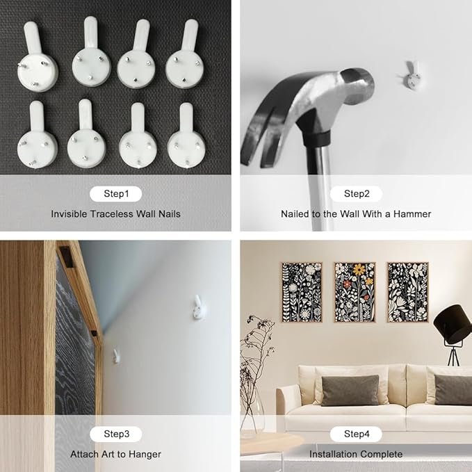 HOURIA Large Moody Boho Floral Framed Canvas Wall Art Set,Mid Century Black Flower Leaf Wall Decor,Retro Dark Wildflower Artwork,Minimalist Botanical Art Print for Living Room,Bedroom,Office-16"x24"x3