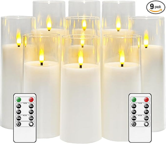 Flickering Flameless Candles Battery Operated with Remote and 2/4/6/8 H Timer Plexiglass Led Pillar Candles Pack of 9 (D2.3"xH 6"7"8")with Realistic Moving Wick Candles for Home Decor(White)