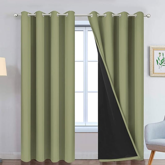 Yakamok 100% Blackout Window Curtain Panels, Heat and Full Light Blocking Drapes with Black Liner for Nursery,Thermal Insulated Draperies (Sage, 2 Pieces, 52Wx90L)