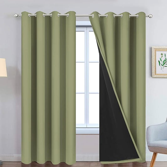 Yakamok Total Blackout Curtains, 2 Thick Layers Completely Blackout Thermal Insulated Drapes with Black Liner for Bedroom(52Wx84L, Sage, 2 Panels)