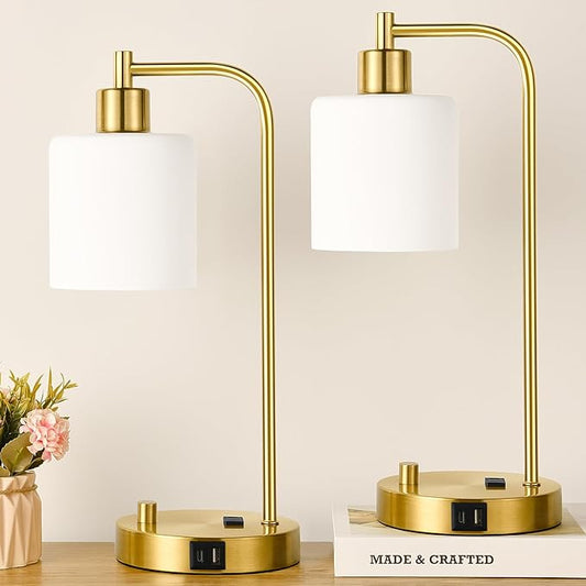 Set of 2 Industrial Table Lamps with USB C+A Ports and Outlet, Gold Fully Stepless Dimmable Bedside Lamps, Nightstand Lamp with Opal Glass Shade for Reading Office (2 LED Bulb)