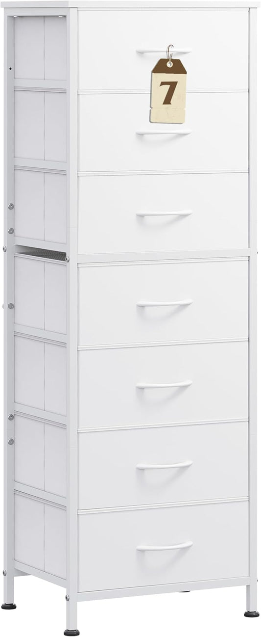 WLIVE White Tall Dresser for Bedroom, 7 Drawer Dressers & Chests of Drawers, Fabric Dresser for Closet, Living Room, Night Stand with Metal Frame, Storage Tower with Fabric Bins, Wood Top