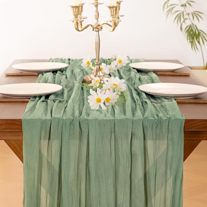 Socomi 3pcs Sage Green Cheesecloth Table Runner Fall Thanksgiving Boho Rustic Gauze 120 inch 10FT Cheese Cloth Runner for Wedding Party Baby Shower Home Decor Holiday Decorations