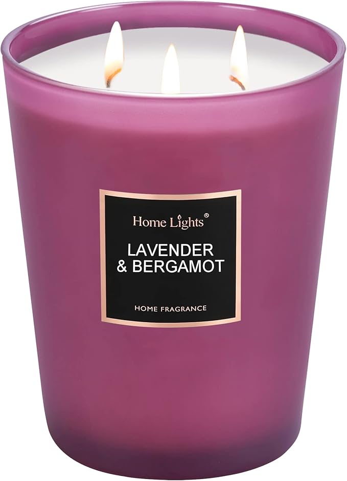 HomeLights Highly Scented Soy Candles Big 33.3 oz for Home. 3 Cotton Wicks, Smokeless Long Lasting 130 hrs in Lavender & Bergamot. 5x6, Great Gift for Women & Men