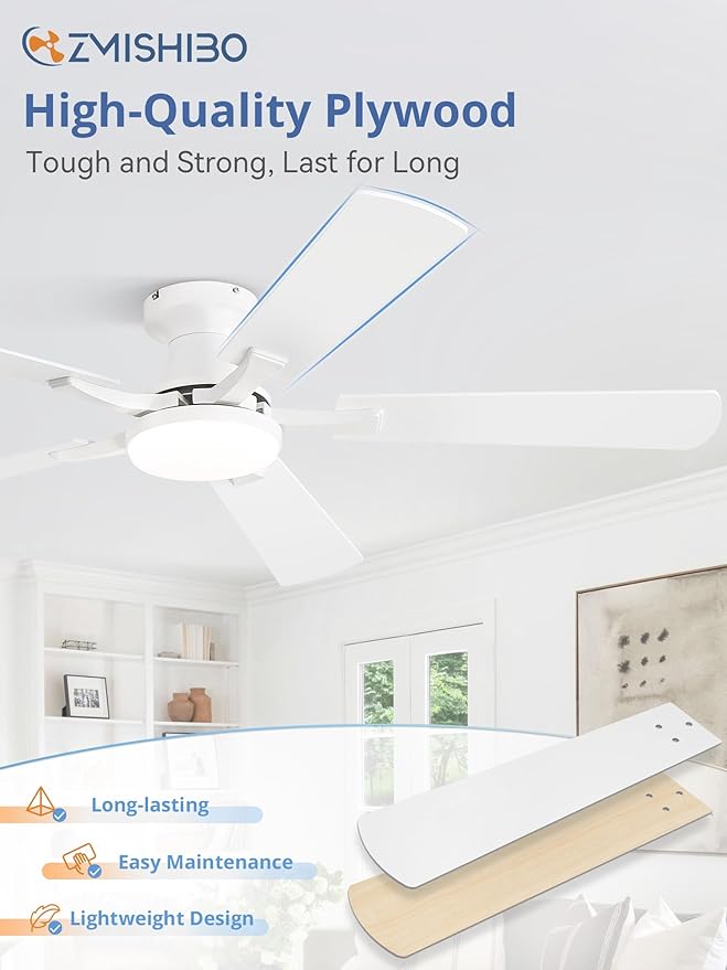ZMISHIBO 52 Inch Ceiling Fan with Light, App&Remote Control, Flush Mount Low Profile, Dimmable 20W LED Light, Quiet Reversible Motor for Bedroom, Living Room, Apartment, White