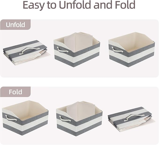 Linen Closet Organizers and Storage, Trapezoid Fabric Bins, Home Office Organization Baskets Striped Collapsible Box with Handles for Clothes, Blanket, Books, DVD, 4 Pack, Black/White