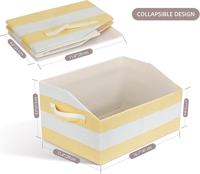 Linen Closet Organizers and Storage, Trapezoid Fabric Bins, Home Office Organization Baskets Striped Collapsible Box with Handles for Clothes, Blanket, Books, DVD, 4 Pack, Yellow/White