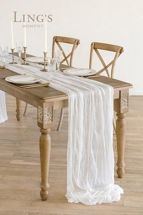 Ling's Moment 14Ft x 35" Wide Brilliant White Gauze Semi-Sheer Table Runner Cheesecloth Tablecloth for Wedding Party Bridal Shower Boho Table Decor