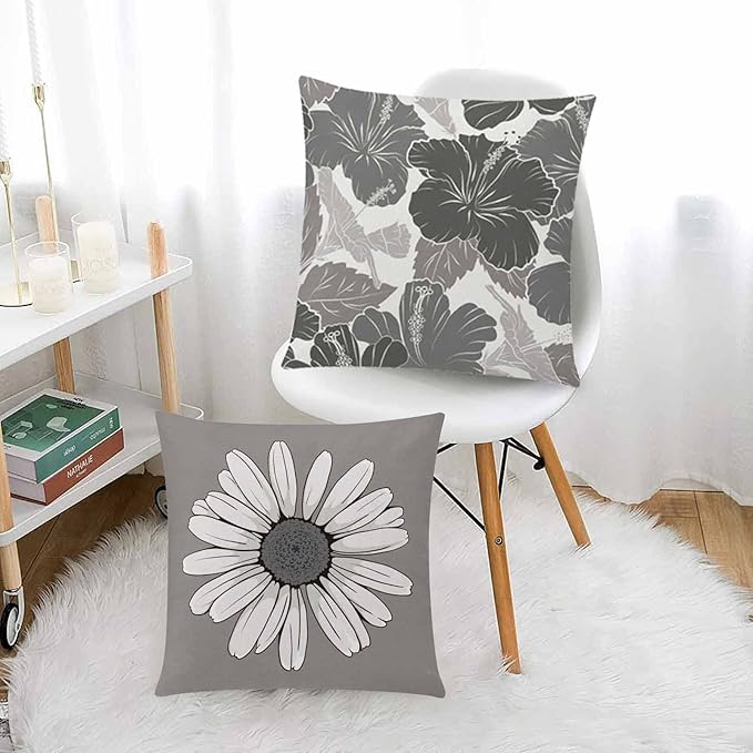 COMMINY Grey Pillow Covers 18x18 Set of 6 Decorative Daisy Flower Throw Pillow Cover for Couch Modern Cushion Cover for Patio Living Room Cushion Bed Farmhouse Home Decor