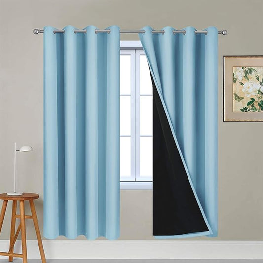 Yakamok 100% Blackout Lined Panels, Thermal Insulated Blackout Curtains for Bedroom, Heat Blocking Drapes for Living Room(52Wx72L, Sky Blue, 2 Panels)