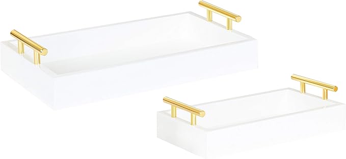 Kate and Laurel Lipton Modern Tray Set, Set of 2, White and Gold, Glam Decorative Trays for Storage and Display