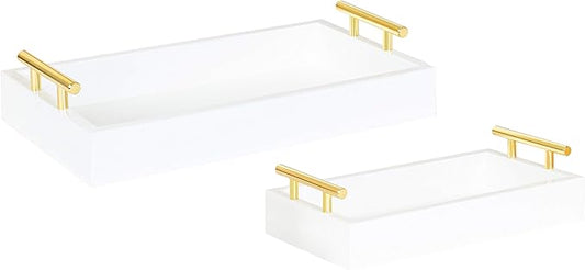 Kate and Laurel Lipton Modern Tray Set, Set of 2, White and Gold, Glam Decorative Trays for Storage and Display