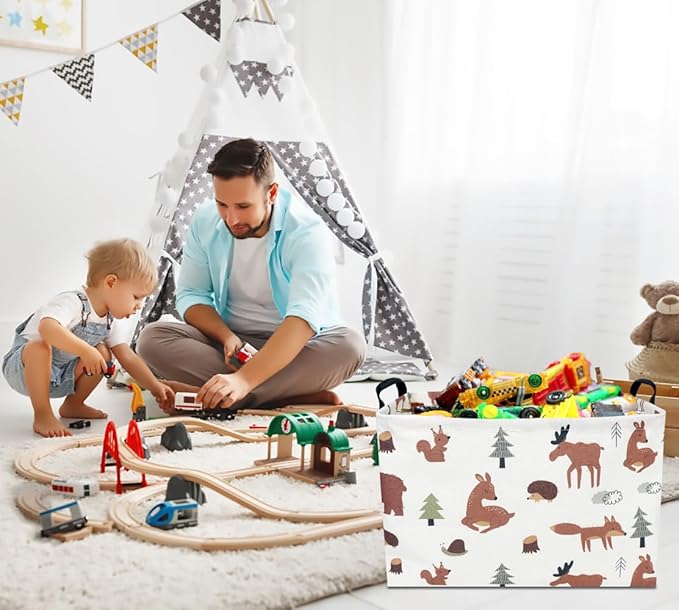 CLOCOR Rectangular Storage Basket,Collapsible Fabric Storage Container,Waterproof Toy Bin with Handles,Gift Basket(Brown Animals)